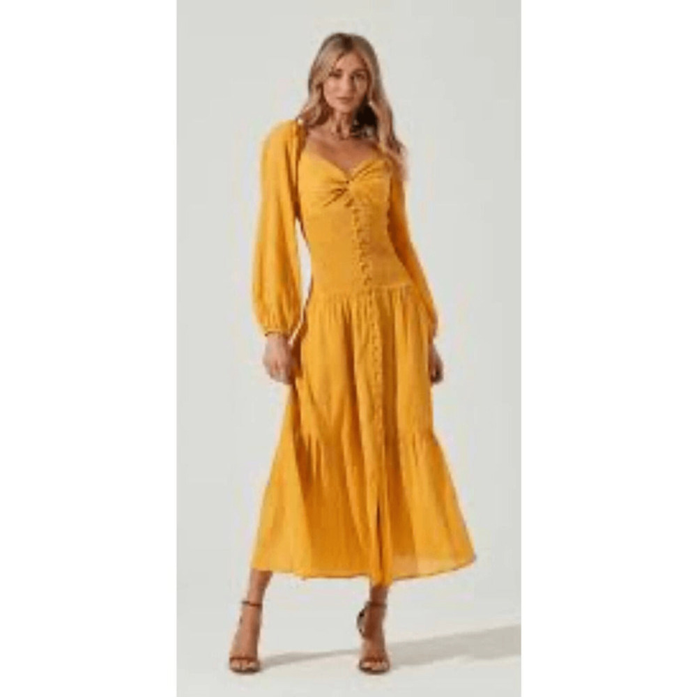 ASTR Mustard Yellow Long Sleeve Twist Bust Midi Dress Woman Size XL